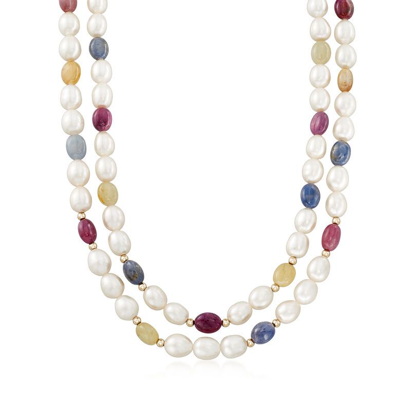Cultured Pearl, Ruby and Multicolored Sapphire Double Strand Necklace image number 0