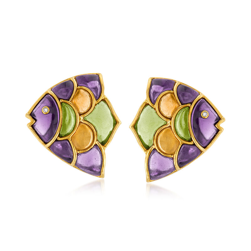 C. 1990 Vintage Multi-Gemstone Fish Earrings in 18kt Yellow Gold image number 0