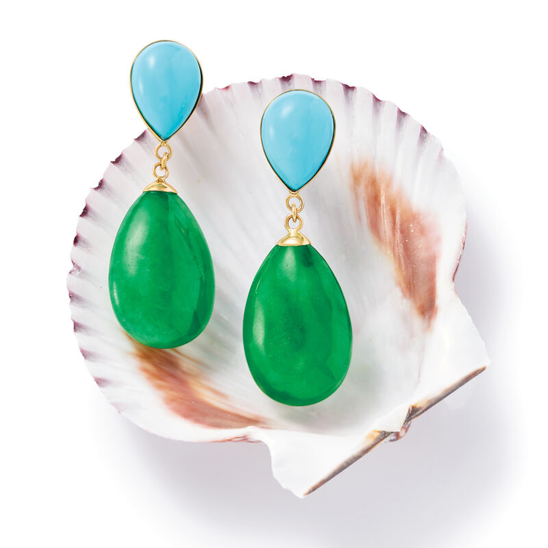 Jade and Simulated Turquoise Teardrop Earrings in 14kt Yellow Gold image number 3