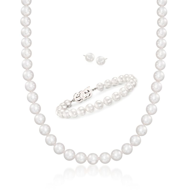 Mikimoto 7-8mm A1 Akoya Pearl Jewelry Set: Earrings, Necklace and Bracelet with 18kt White Gold image number 0