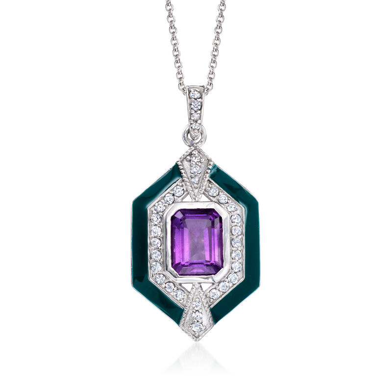 2.30 Carat Amethyst Art Deco-Style Pendant Necklace with .60 ct. t.w. White Zircons and Green Enamel in Sterling Silver. 20" image number 0