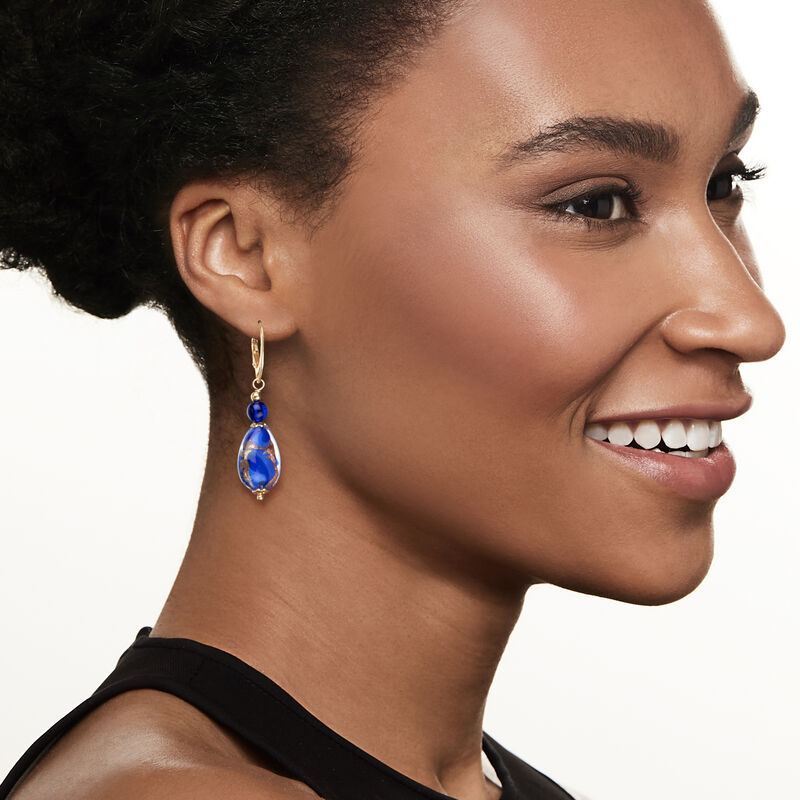 Italian Blue and Goldtone Murano Glass Drop Earrings in 18kt Gold Over Sterling image number 1