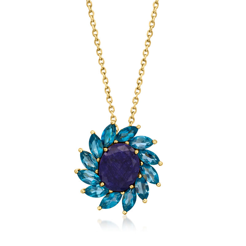 4.30 Carat Sapphire and 3.30 ct. t.w. London Blue Topaz Flower Pendant Necklace in 18kt Gold Over Sterling. 18&quot; image number 1