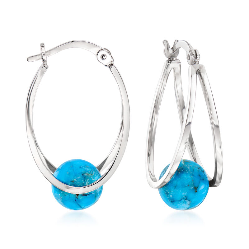 8-8.5mm Turquoise Bead Double-Hoop Earrings in Sterling Silver image number 0