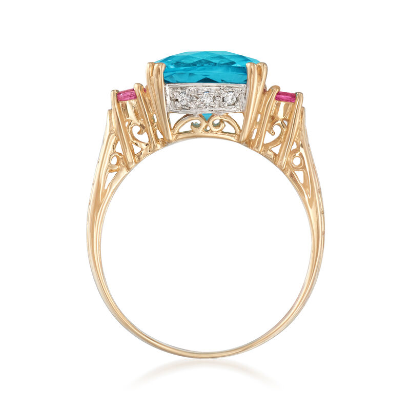 4.40 Carat Blue Topaz and .20 ct. t.w. Pink Tourmaline Ring with Diamond Accents in 14kt Yellow Gold image number 3