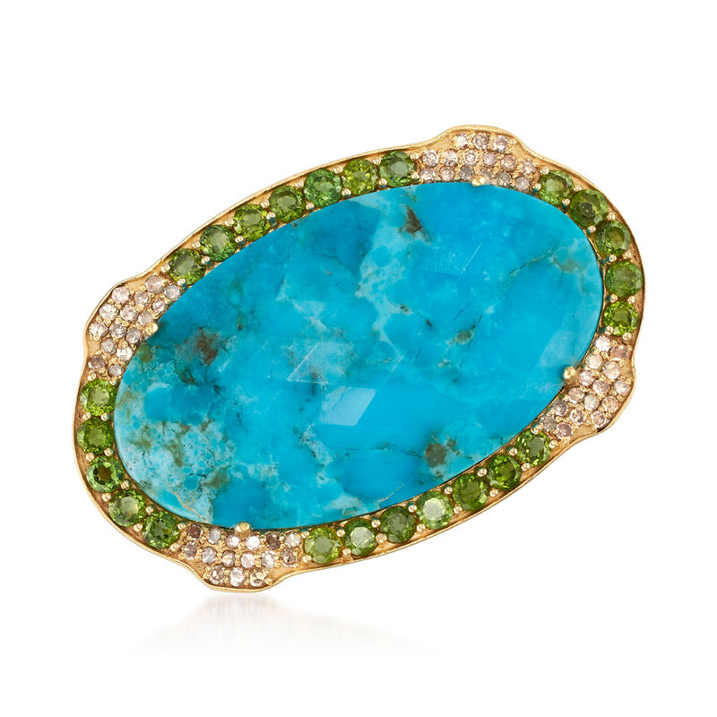 Turquoise, 1.00 ct. t.w. Tourmaline and .50 ct. t.w. Diamond Pin in 18kt Gold Over Sterling image number 0