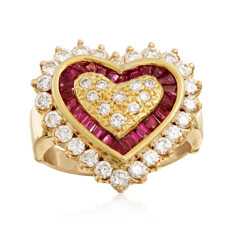 C. 1980 Vintage .75 ct. t.w. Diamond and .50 ct. t.w. Ruby Heart-Shaped Ring in 18kt Yellow Gold image number 0