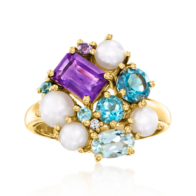 4-5mm Cultured Pearl and 2.20 ct. t.w. Multi-Gemstone Cluster Ring in 18kt Gold Over Sterling image number 0