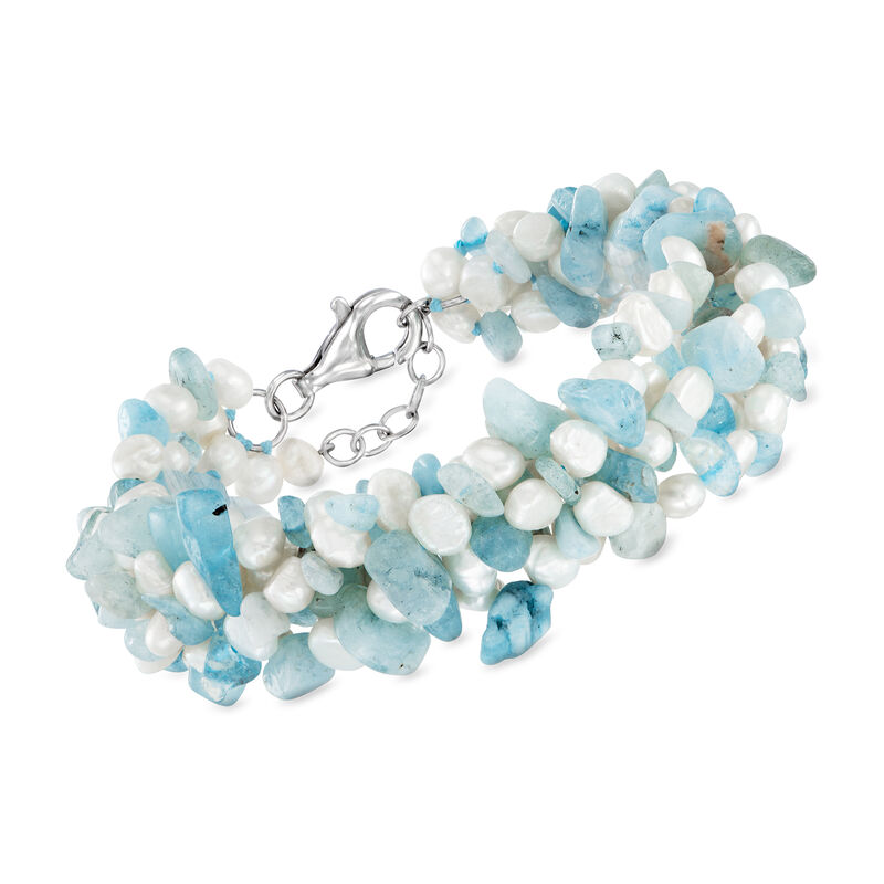Aquamarine Bead and 5-6mm Cultured Pearl Torsade Necklace with Free Bracelet. 18&quot; image number 4