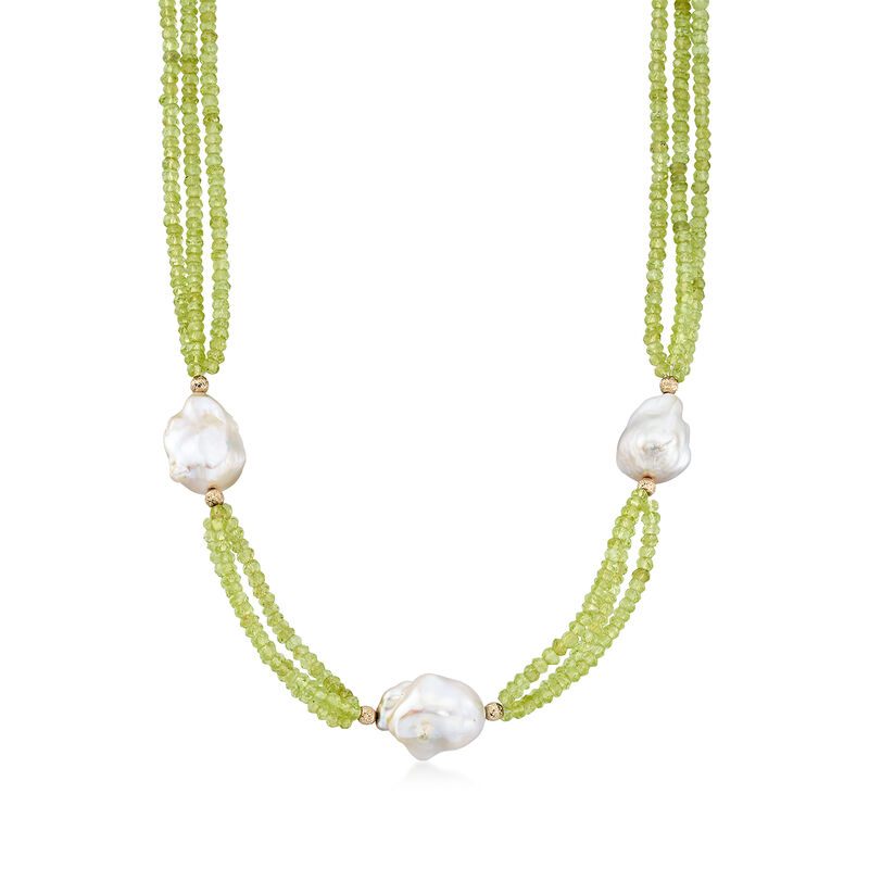 14-15mm Cultured Baroque Pearl and 70.00 ct. t.w. Peridot Bead Three-Strand Necklace with 14kt Yellow Gold image number 0