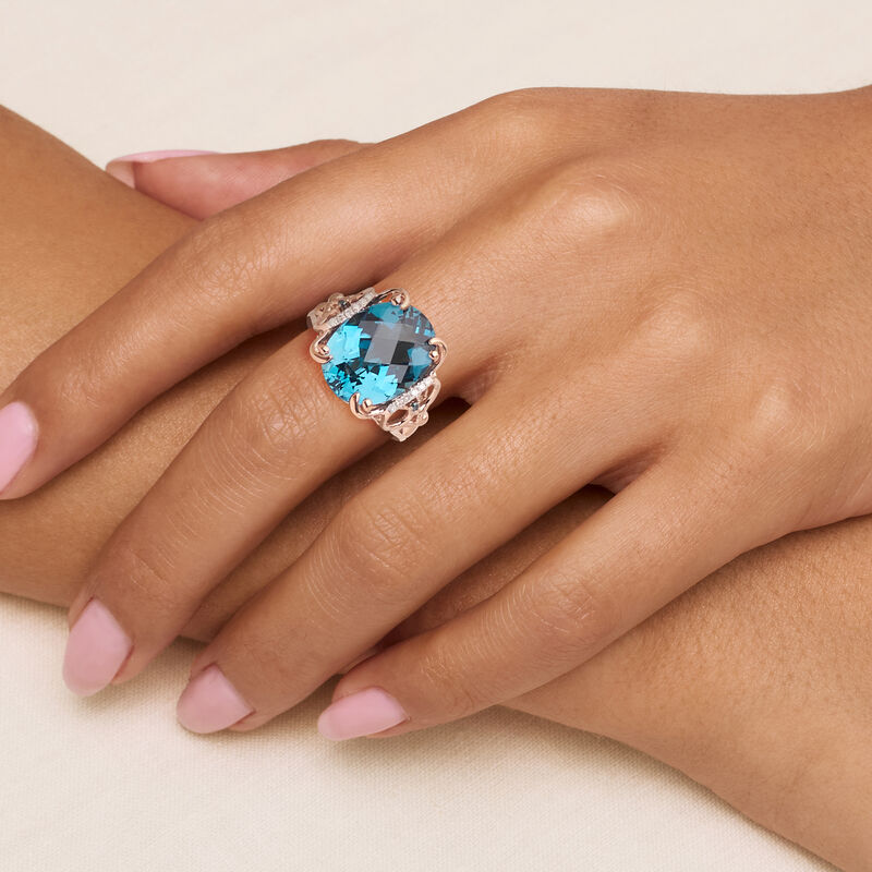 10.00 Carat London Blue Topaz Ring with Blue and White Diamonds in 14kt Rose Gold image number 1