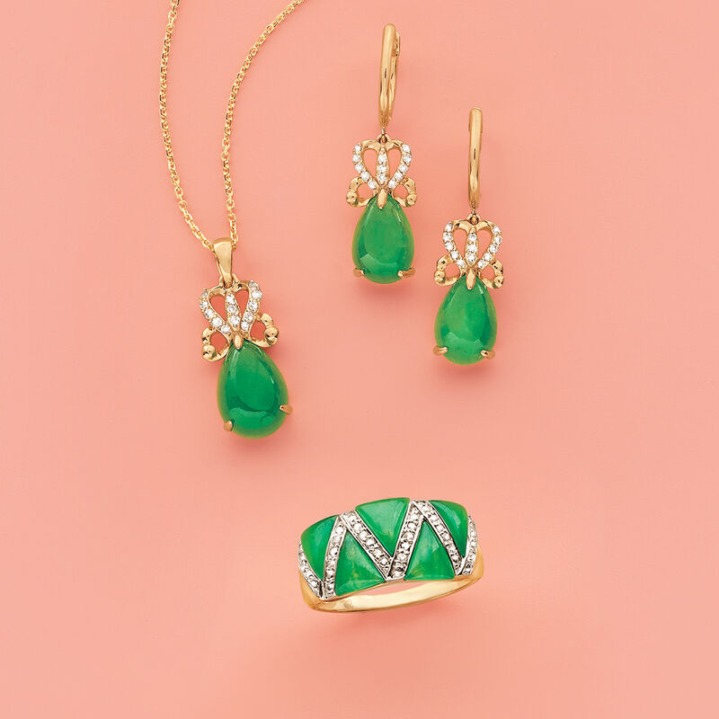 12x8mm Green Jade Drop Earrings with .13 ct. t.w. Diamonds in 14kt Yellow Gold image number 3
