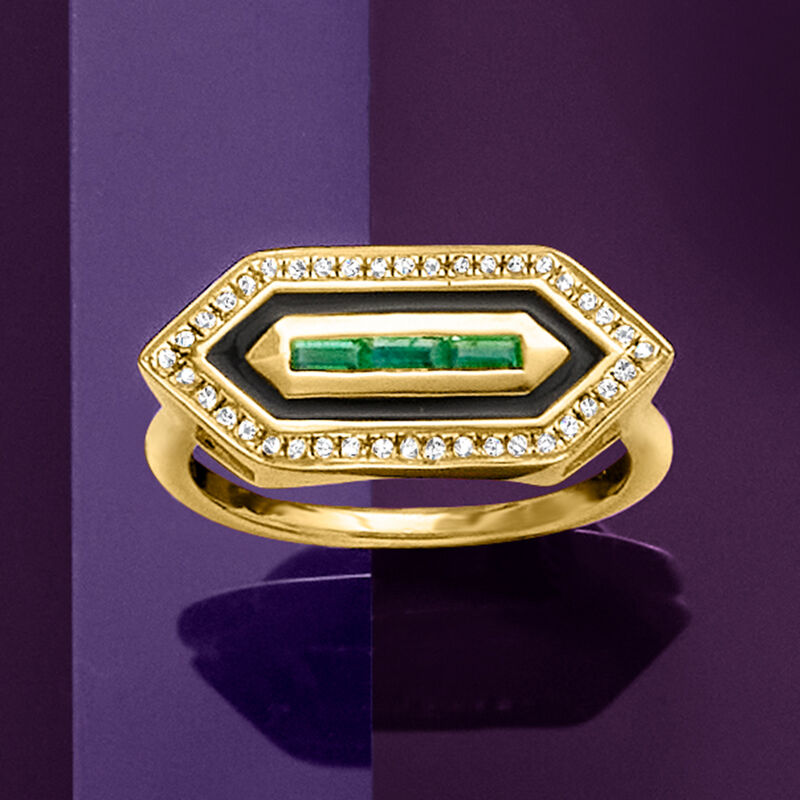 .20 ct. t.w. Emerald and .10 ct. t.w. White Topaz Art Deco-Style Ring with Black Enamel in 18kt Gold Over Sterling image number 3
