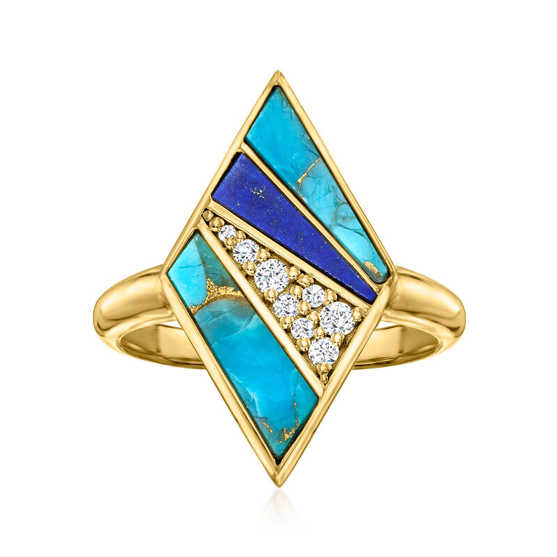 Turquoise, Lapis and .10 ct. t.w. White Topaz Geometric Ring in 18kt Gold Over Sterling image number 0