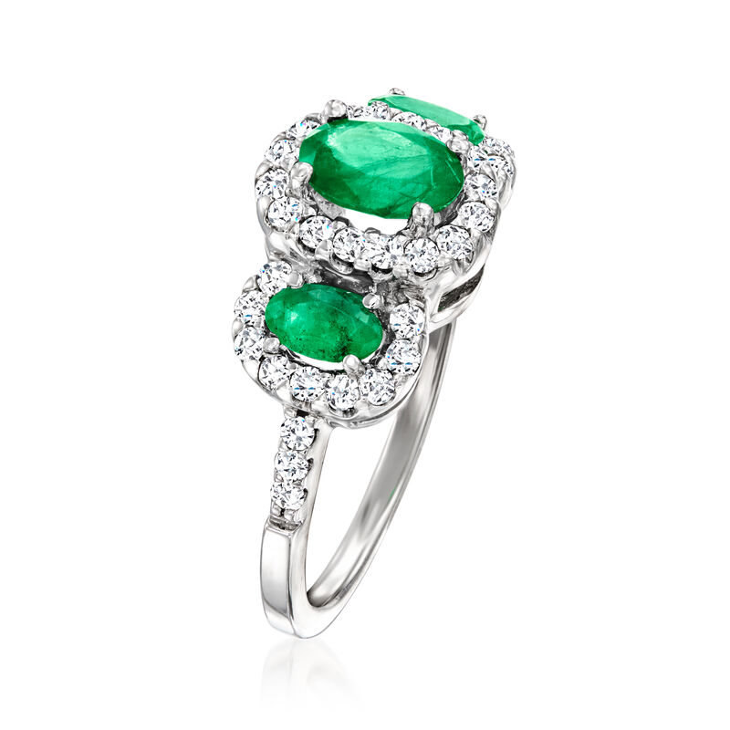 1.30 ct. t.w. Emerald and .52 ct. t.w. Diamond Three-Stone Ring in 14kt White Gold. Size 6.5 image number 2
