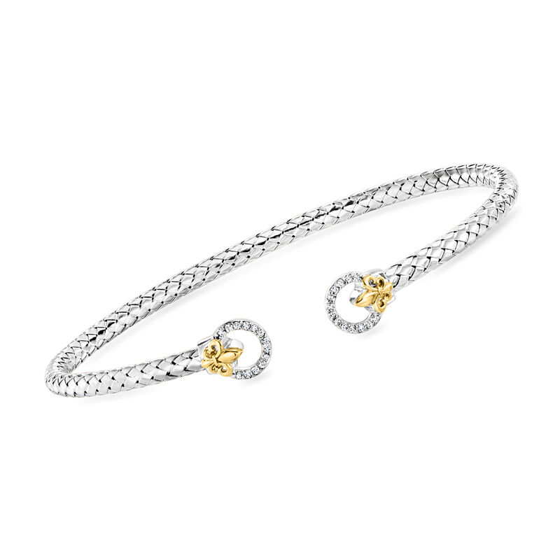 Charles Garnier "Touch of Gold" .10 ct. t.w. Diamond Fleur-De-Lis Cuff Bracelet in Sterling Silver with 14kt Yellow Gold. 7.5" image number 0