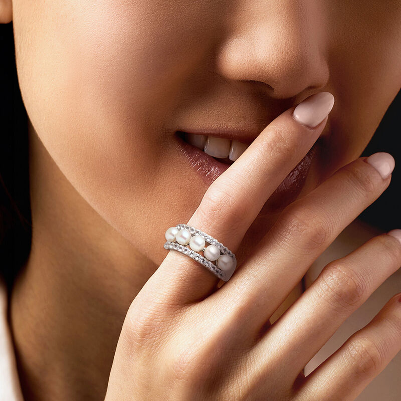 4.5mm Cultured Pearl and .70 ct. t.w. White Topaz Ring in Sterling Silver image number 1