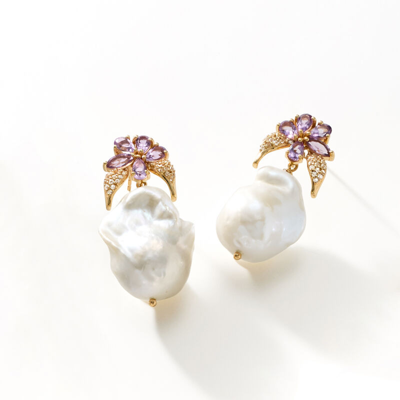 12-15mm Cultured Baroque Pearl and 2.00 ct. t.w. Amethyst Floral Drop Earrings with .30 ct. t.w. White Topaz in 18kt Gold Over Sterling image number 3