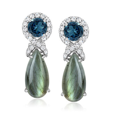 Green Labradorite, 4.50 ct. t.w. London Blue Topaz and 1.50 ct. t.w. White Topaz Drop Earrings in Sterling Silver