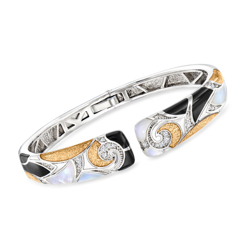 Belle Etoile &quot;Moon River&quot; Mother-of-Pearl, Onyx and .30 ct. t.w. CZ Cuff Bracelet in Two-Tone Sterling Silver. 7.5&quot; image number 0