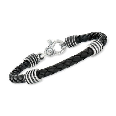 Zina Sterling Silver Men's Braided Black Leather Bracelet