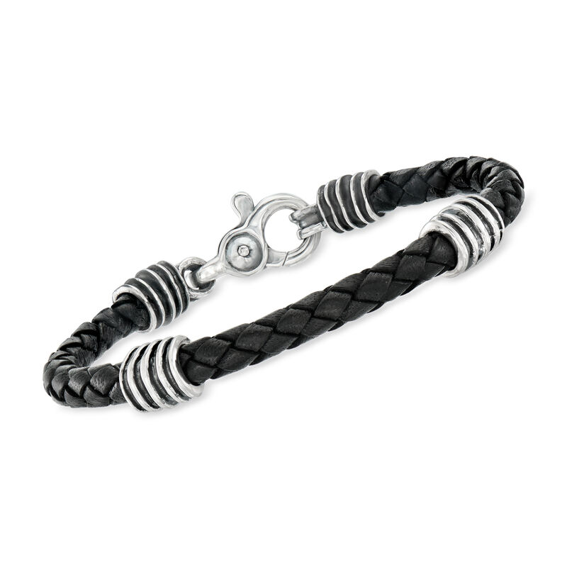 Zina Sterling Silver Men's Braided Black Leather Bracelet. 8.5" image number 0