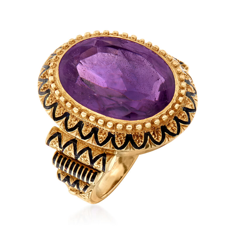 C. 1960 Vintage 10.00 Carat Amethyst Ring with Black Enamel in 10kt Yellow Gold image number 2