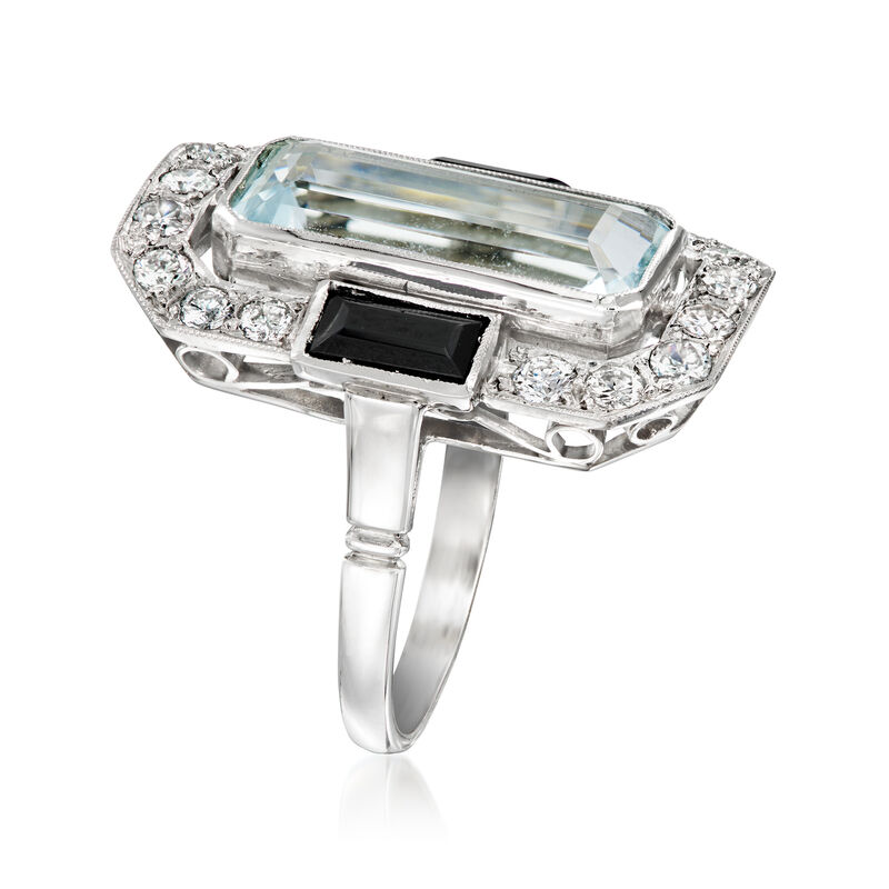 C. 2000 Vintage 4.25 Carat Aquamarine and Onyx Ring with .75 ct. t.w. Diamonds in Platinum. Size 6 image number 2