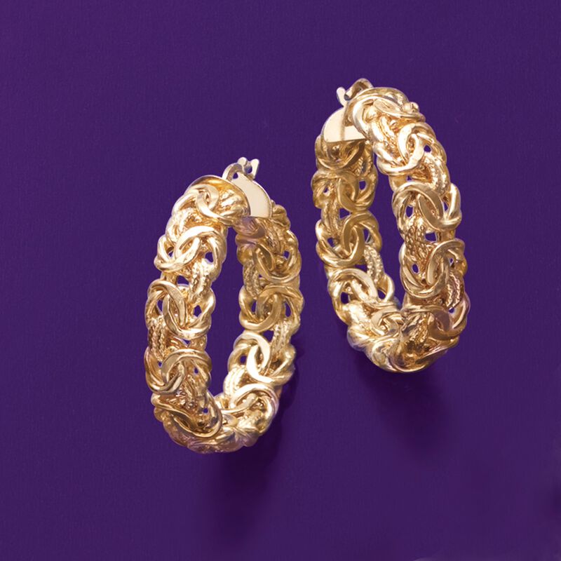 Italian 18kt Yellow Gold Byzantine Hoop Earring. 1 1/4&quot; image number 3