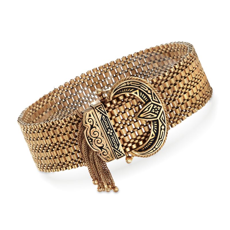 C. 1940 Vintage 14kt Yellow Gold Tassel Buckle Bracelet with Black Enamel image number 0