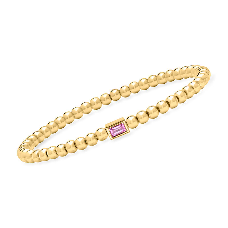 .30 Carat Lab-Grown Pink Sapphire and 4mm 18kt Gold Vermeil Bead Stretch Bracelet. 7&quot; image number 0