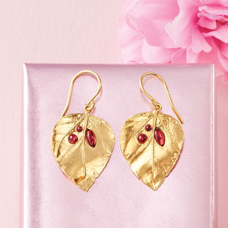 1.40 ct. t.w. Garnet Leaf Drop Earrings in 18kt Gold Over Sterling image number 2