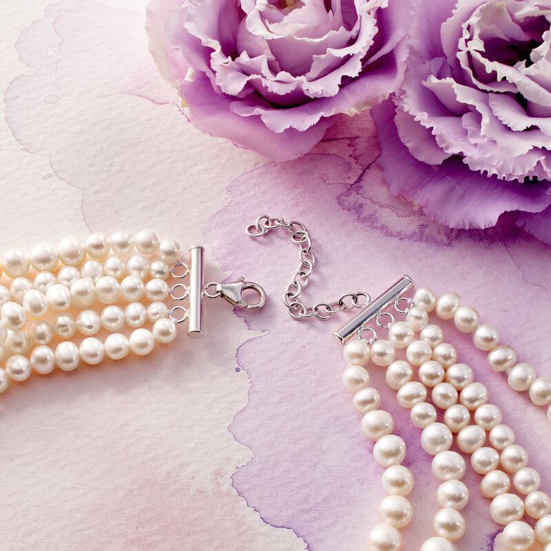 4-8.5mm Cultured Pearl Five-Strand Layered Necklace with Sterling Silver. 16&quot; image number 3