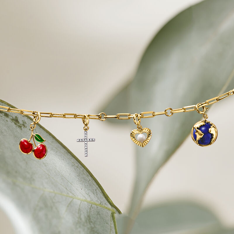 3.00 ct. t.w. Ruby Cherries Charm with Green Enamel in 18kt Gold Over Sterling  image number 3