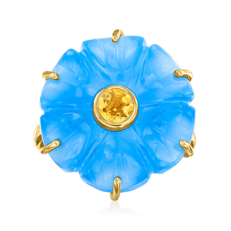 Carved Blue Chalcedony and .40 Carat Citrine Flower Ring in 18kt Gold Over Sterling image number 0