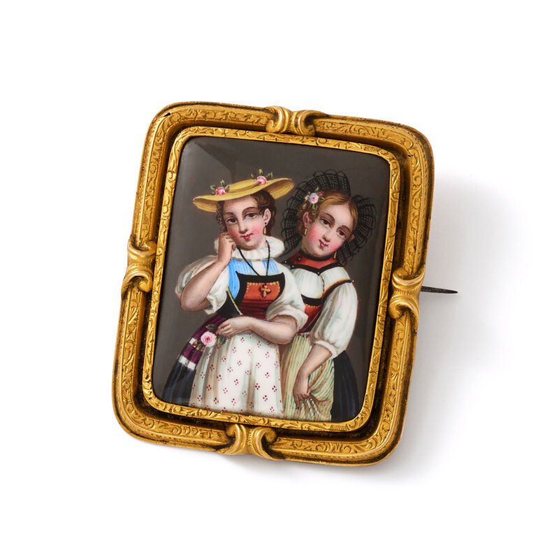 C. 1900 Vintage Enamel Hand-Painted Portrait Pin in 18kt Yellow Gold image number 2