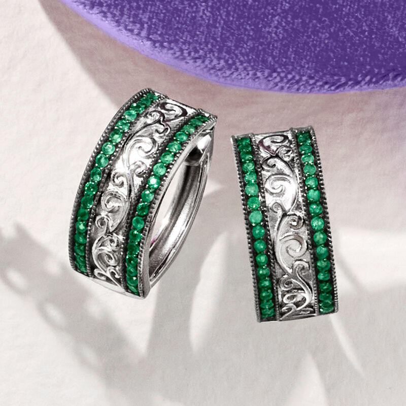 .60 ct. t.w. Emerald Milgrain Hoop Earrings in Sterling Silver. 5/8" image number 2