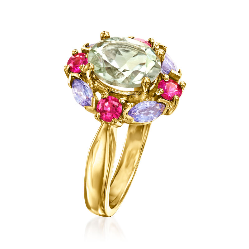 1.70 Carat Prasiolite, .60 ct. t.w. Ruby and .50 ct. t.w. Tanzanite Ring in 14kt Yellow Gold image number 2