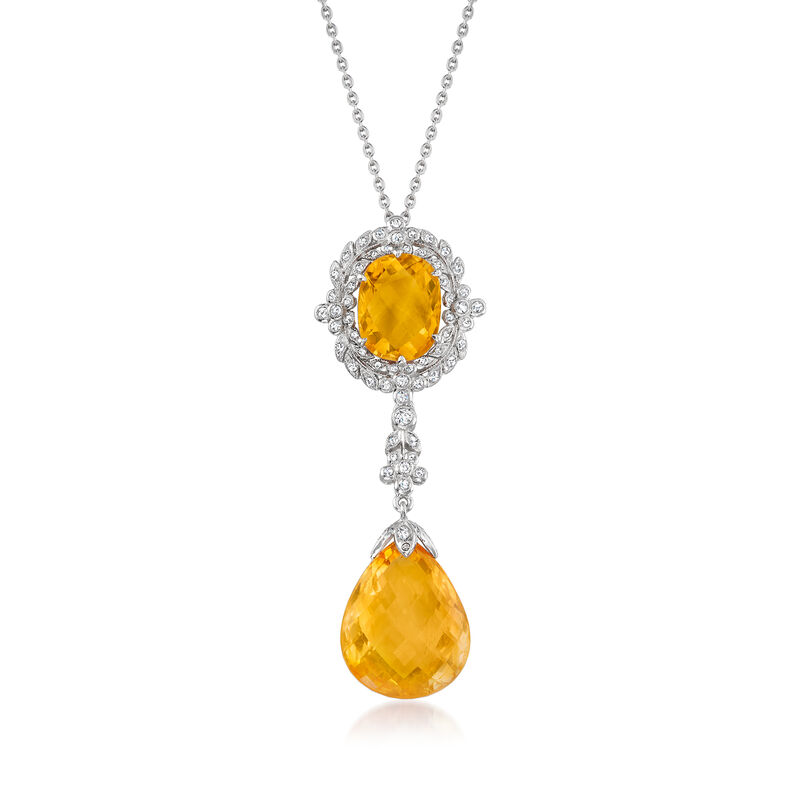 C. 2000 Vintage 15.40 Citrine and .40 ct. t.w. Diamond Pendant Necklace in 18kt White Gold. 16&quot; image number 1