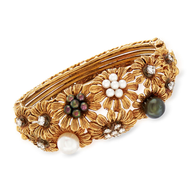 C. 1960 Vintage Multicolored Cultured Pearl and 1.00 ct. t.w. Diamond Floral Bangle in 18kt Yellow Gold image number 0