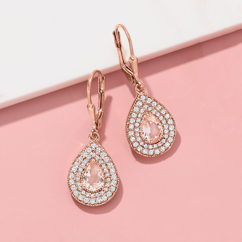 1.10 ct. t.w. Morganite and 1.30 ct. t.w. CZ Drop Earrings in 14kt Rose Gold Over Sterling image number 2