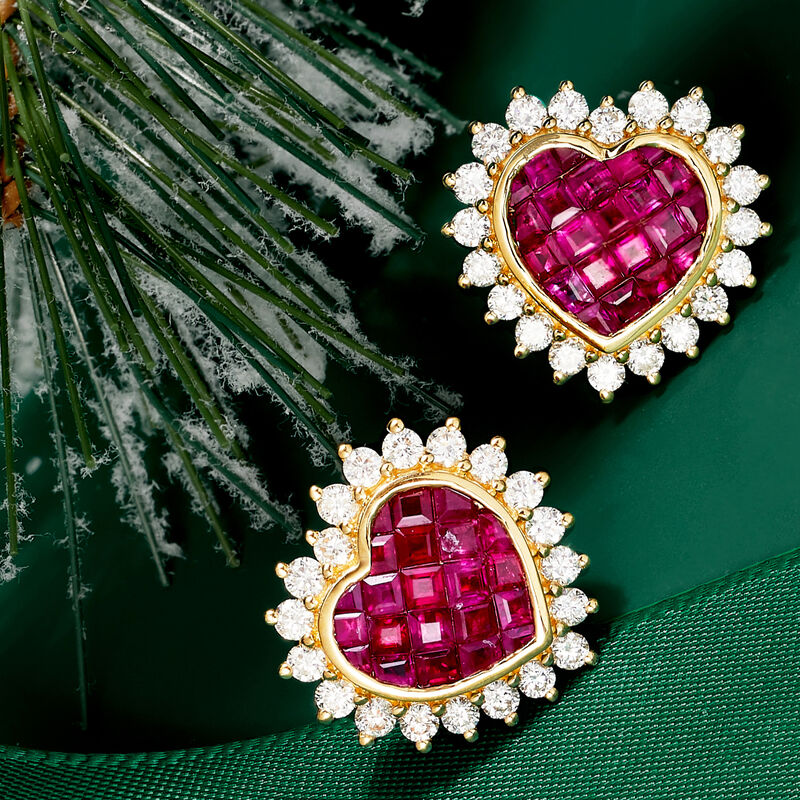 1.70 ct. t.w. Ruby and 1.10 ct. t.w. Diamond Heart Earrings in 18kt Yellow Gold image number 3