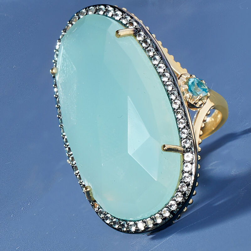 Aqua Chalcedony and .70 ct. t.w. Blue and White Topaz Ring in 18kt Gold Over Sterling image number 7