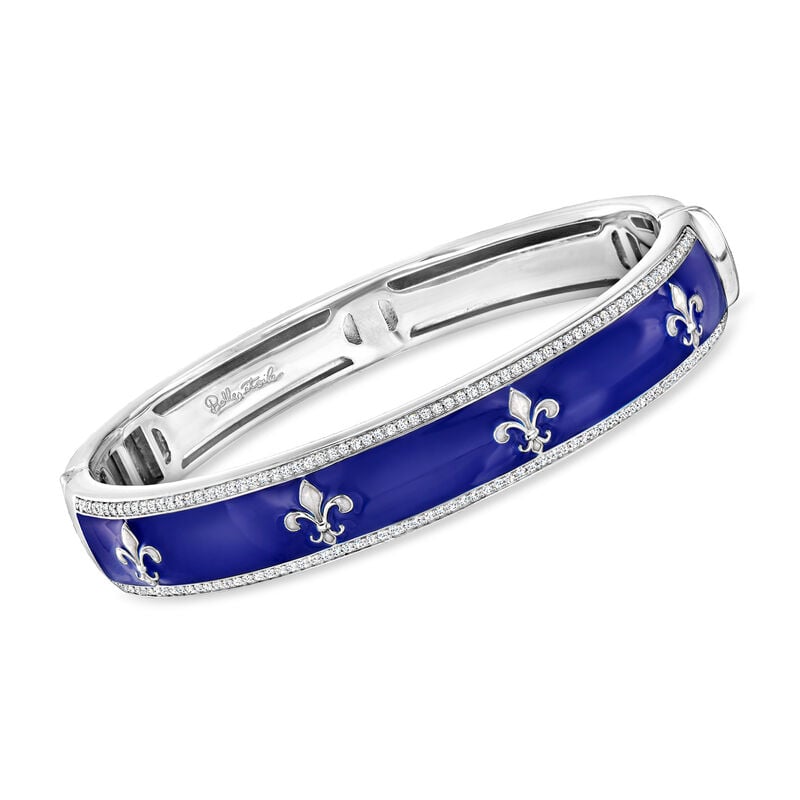 Belle Etoile &quot;Versailles&quot; Blue and White Enamel Bangle Bracelet with .60 ct. t.w. CZs in Sterling Silver. 7&quot; image number 0