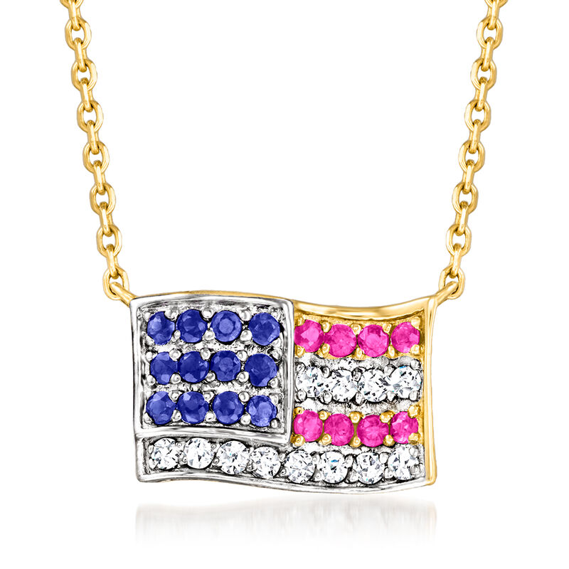 .20 ct. t.w. Multi-Gemstone and .13 ct. t.w. Diamond American Flag Necklace in 14kt Yellow Gold image number 0