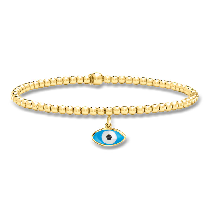 Italian 3mm 18kt Gold Over Sterling Bead Stretch Bracelet with Enamel Evil Eye Charm image number 0