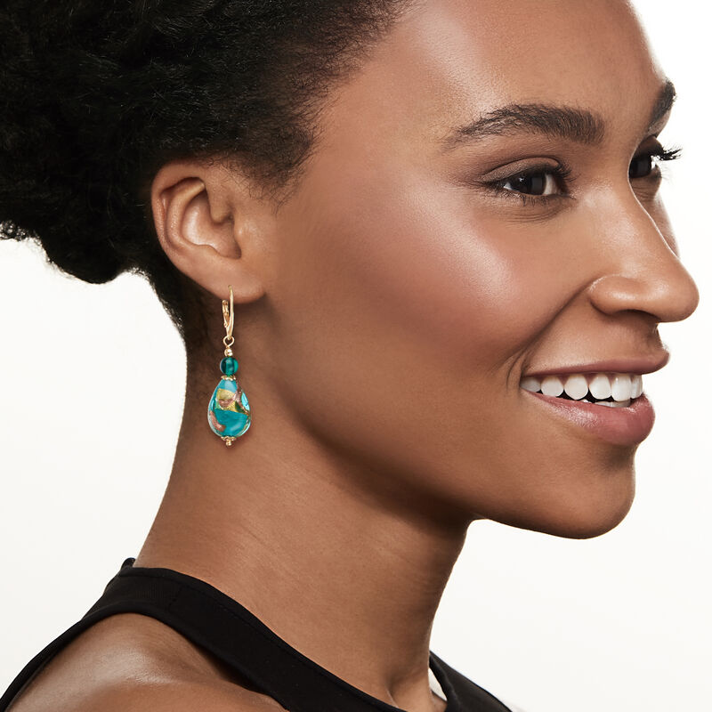 Italian Green and Goldtone Murano Glass Drop Earrings in 18kt Gold Over Sterling image number 1