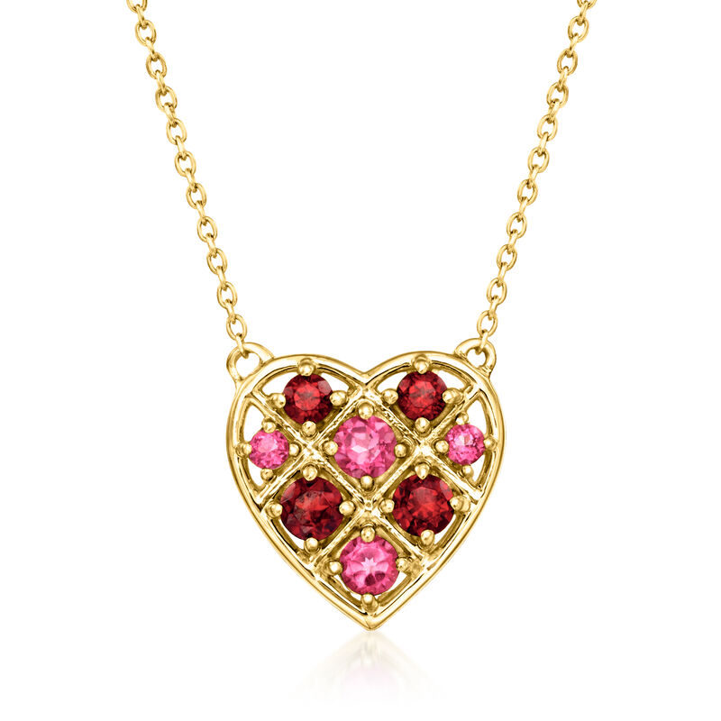 .40 ct. t.w. Garnet and .30 ct. t.w. Pink Topaz Heart Necklace in 18kt Gold Over Sterling. 18&quot; image number 1