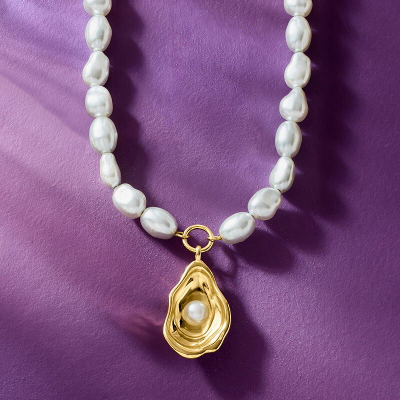 14kt Yellow Gold-Plated Seashell Necklace with Simulated Baroque Pearls. 18" image number 3