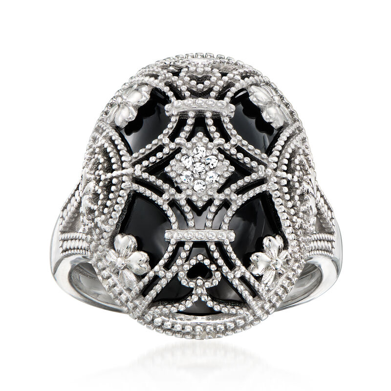 Onyx Overlay Ring with Diamonds in Sterling Silver image number 0